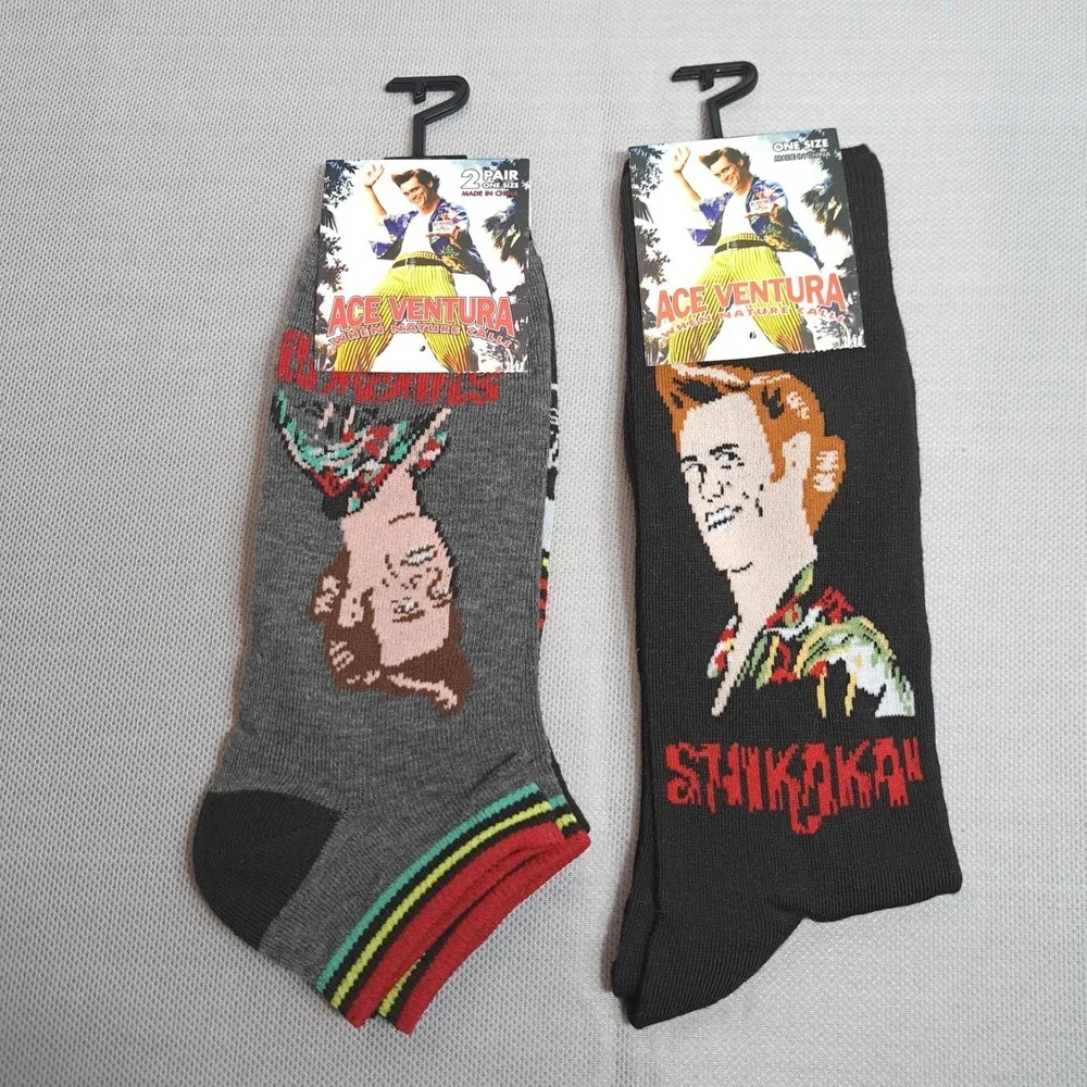 2 Pair One‎ Size ACE VENTURA Low-Cut Socks Size 7-12 Novelty Jim Carey
